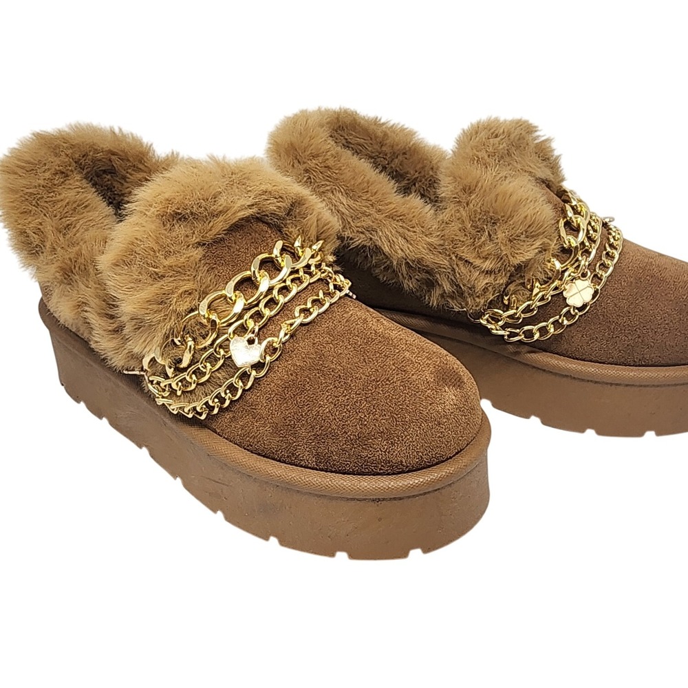 Carl Karida Brown Faux Fur Suede‎ Platform Chain Heart Accent Mules Size 6.5